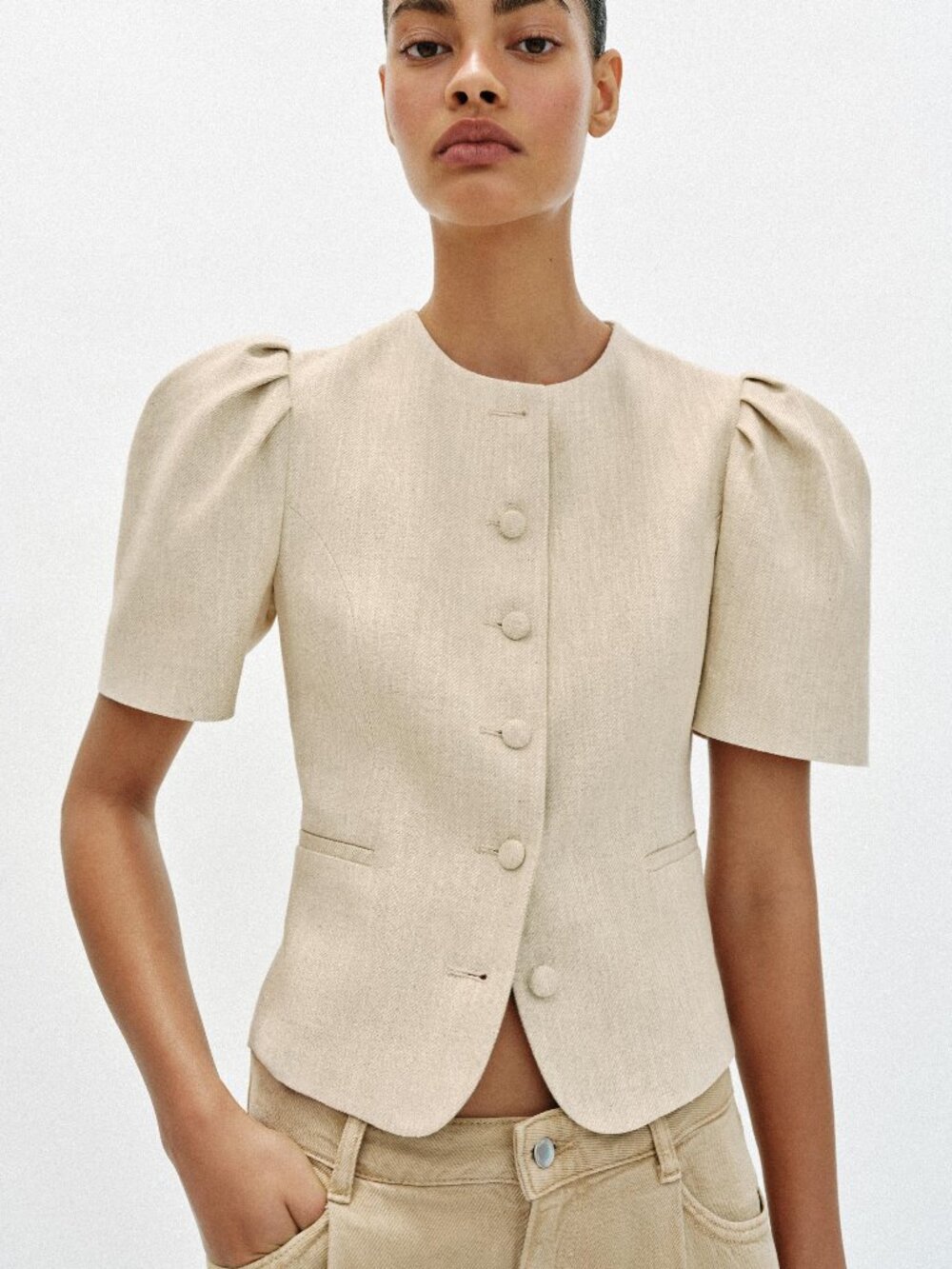 Zara Puff Sleeve Cotton Linen Blend Fitted Blazer Medium NWT